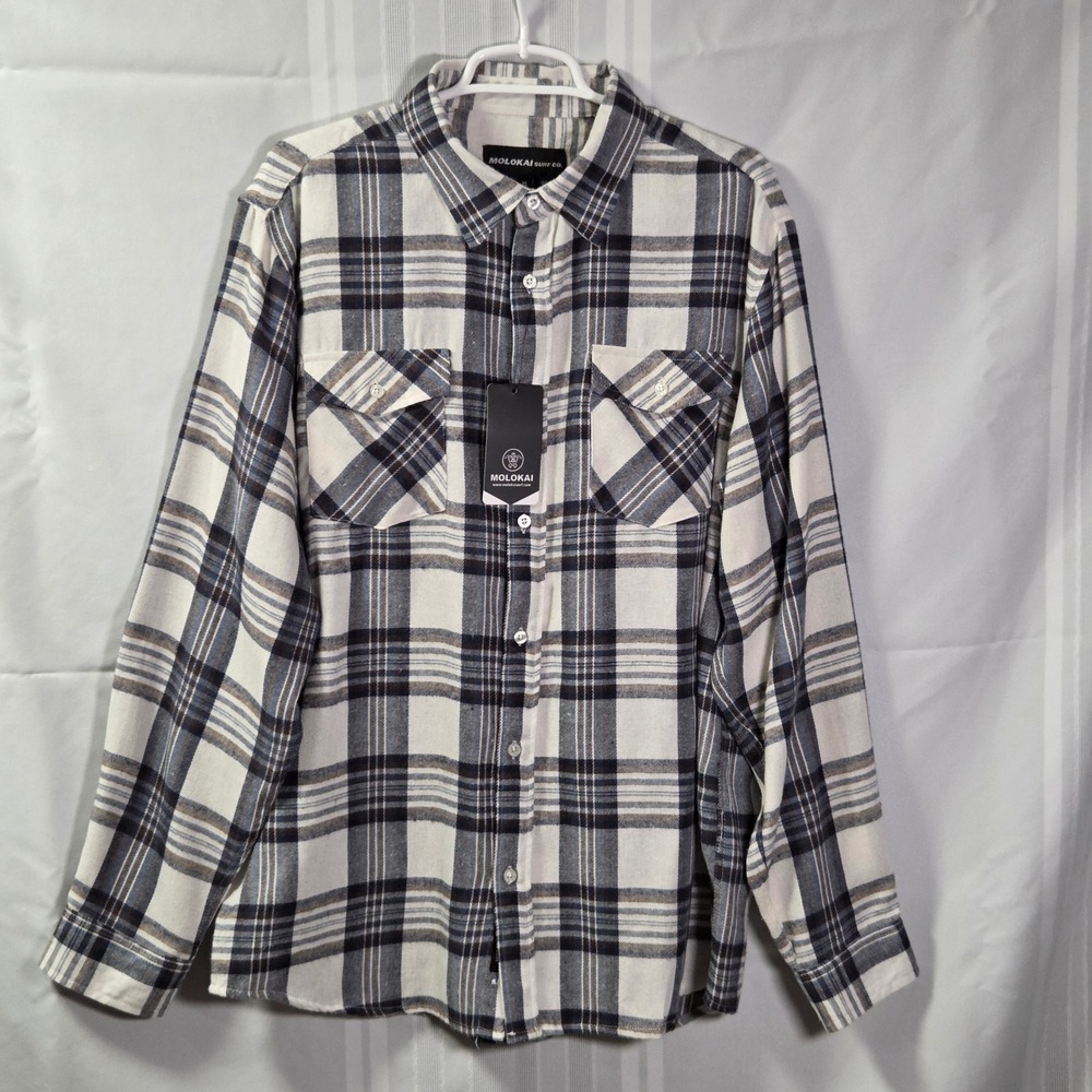 Molokai Surf Co Flannel Shirt Mens XL White Blue Plaid Long Sleeve Button Down